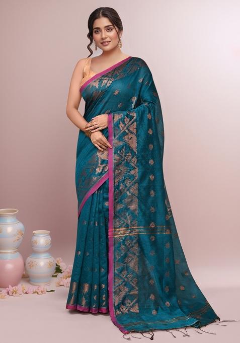 Aqua Blue Embroidered Cotton Saree Set