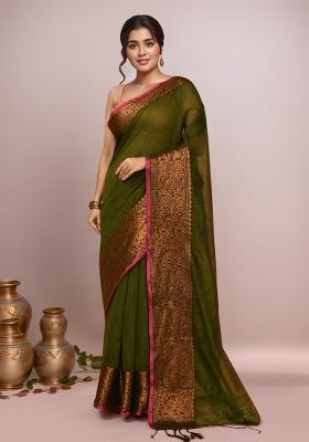 Mehndi Green Embroidered Cotton Saree Set