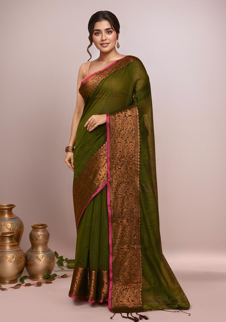 Mehndi Green Embroidered Cotton Saree Set