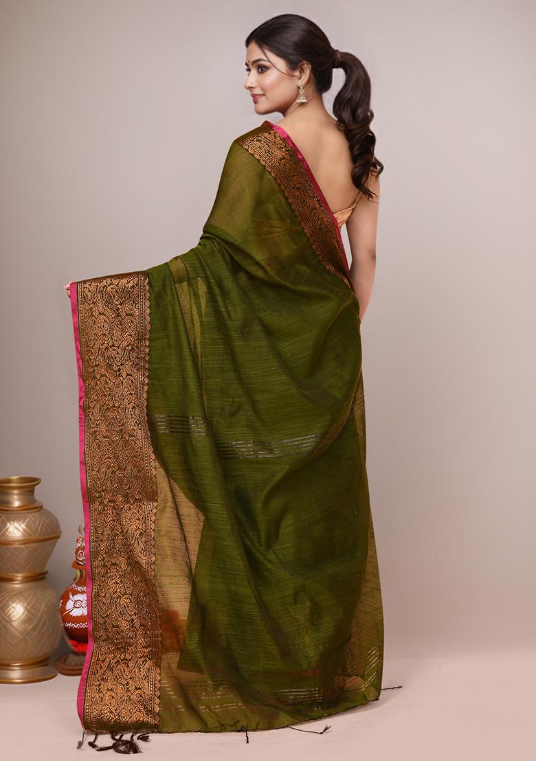 Mehndi Green Embroidered Cotton Saree Set