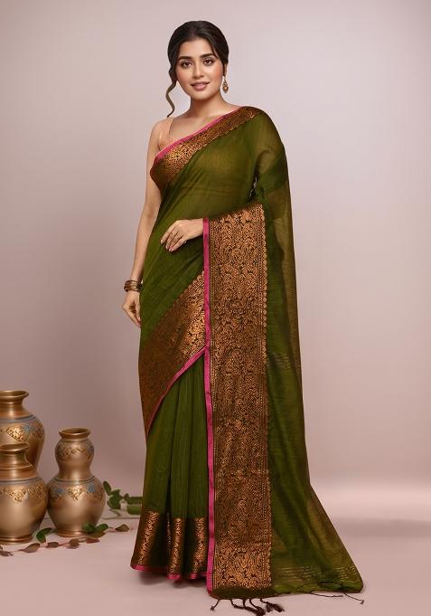 Mehndi Green Embroidered Cotton Saree Set