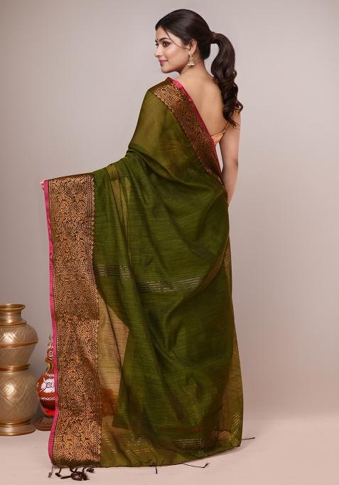 Mehndi Green Embroidered Cotton Saree Set