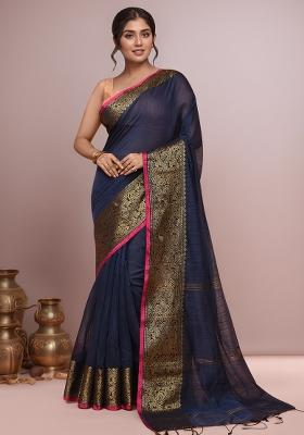 Navy Blue Embroidered Cotton Saree Set