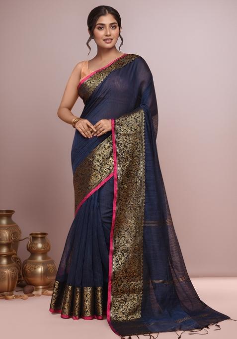 Navy Blue Embroidered Cotton Saree Set