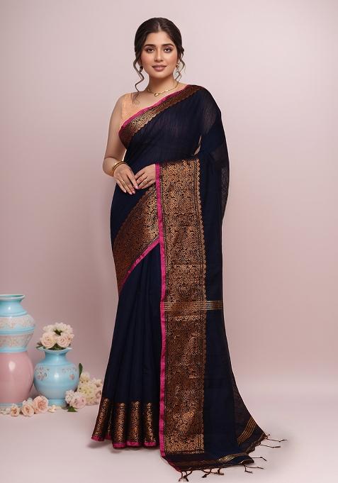 Dark Blue Embroidered Cotton Saree Set