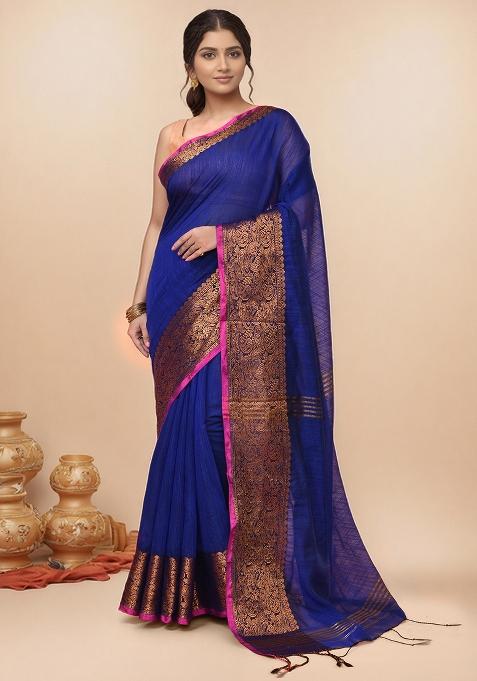 Deep Navy Blue Embroidered Cotton Saree Set