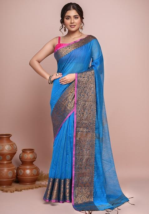 Blue Embroidered Cotton Saree Set