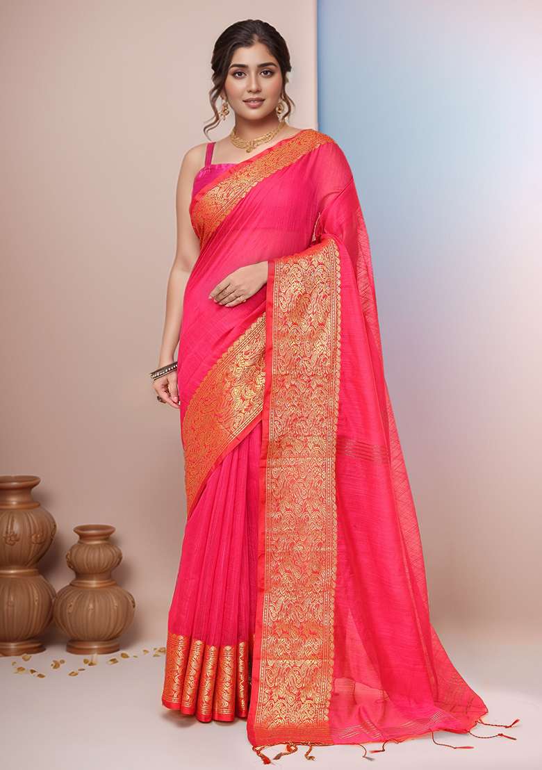Pink Embroidered Cotton Saree Set - Indya