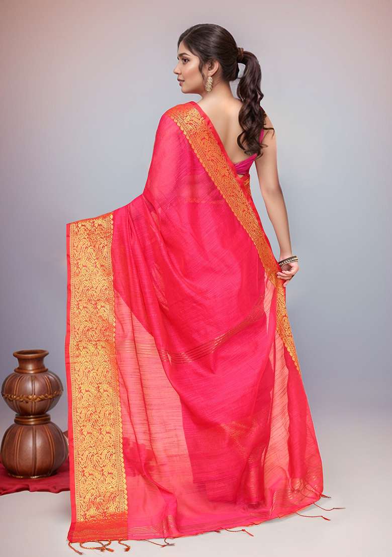 Pink Embroidered Cotton Saree Set - Indya