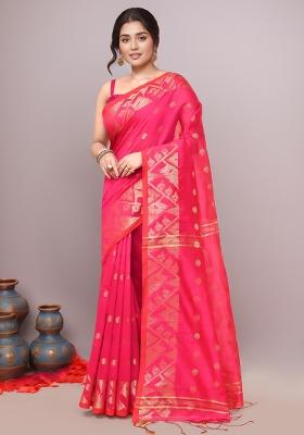 Pink Embroidered Cotton Saree Set