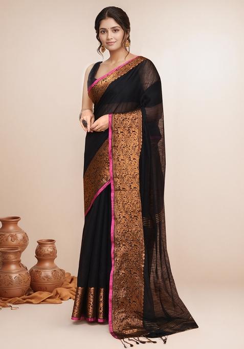 Black Embroidered Cotton Saree Set