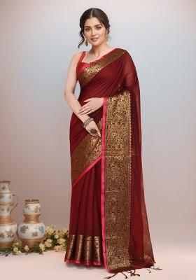 Maroon Embroidered Cotton Saree Set