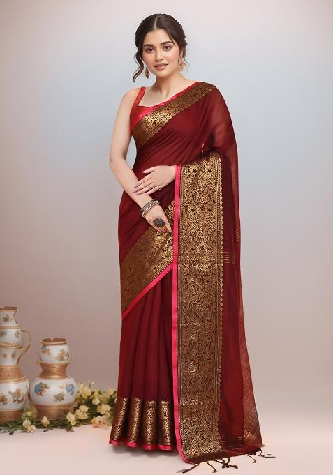Maroon Embroidered Cotton Saree Set