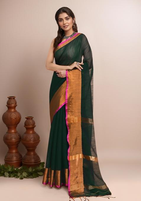 Bottle Green Embroidered Cotton Saree Set