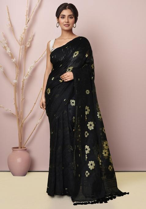Black Embroidered Cotton Saree