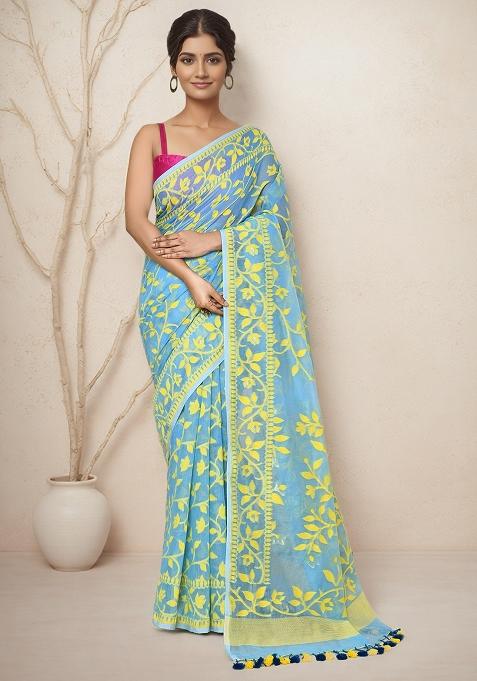 Sky Blue Embroidered Cotton Saree