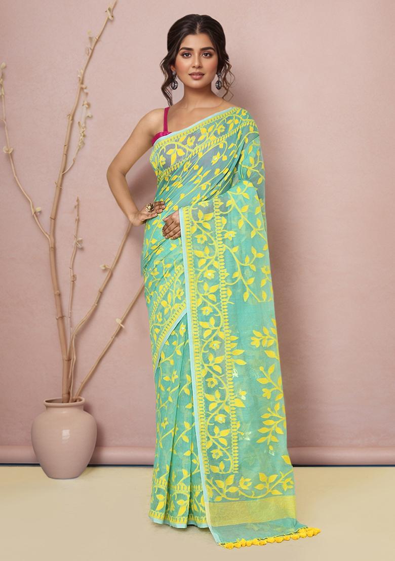 Light Green Embroidered Cotton Saree