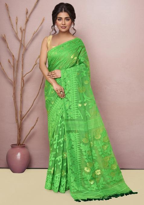 Green Embroidered Cotton Saree