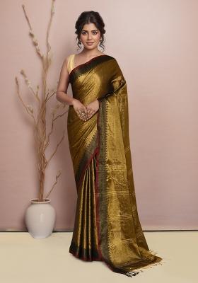 Gold Black Embroidered Cotton Saree Set