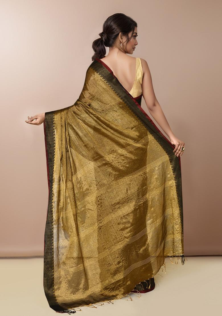 Gold Black Embroidered Cotton Saree Set - Indya