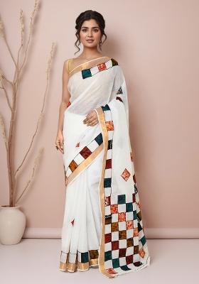 Multicolor Embroidered Cotton Saree Set