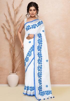 White And Blue Embroidered Cotton Saree Set