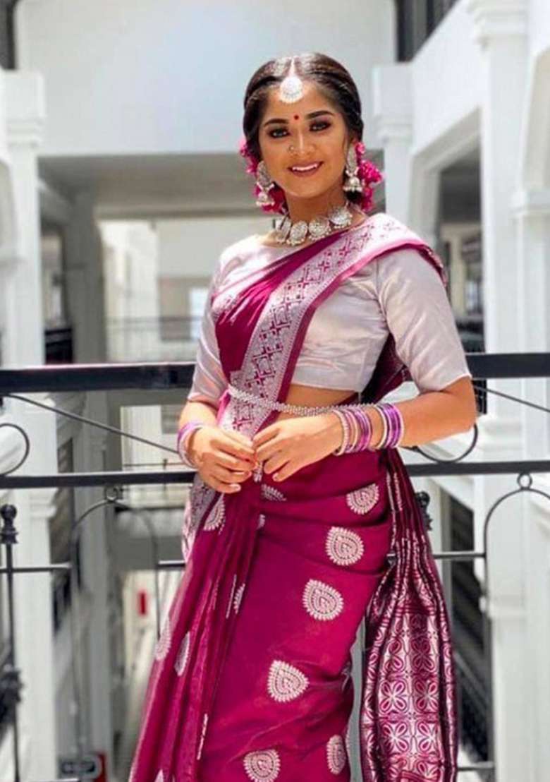 Wine Jacquard Silk Blend Saree Set for Diwali | Wedding & Festive Wear - Indya