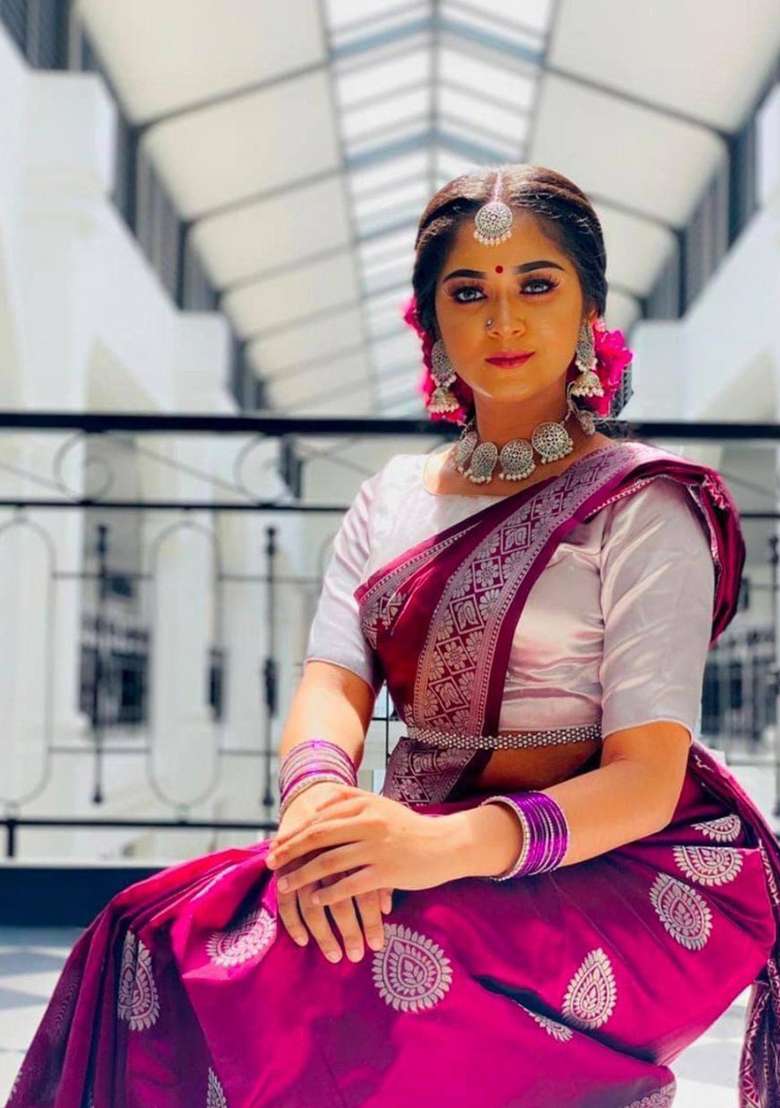 Wine Jacquard Silk Blend Saree Set for Diwali | Wedding & Festive Wear - Indya