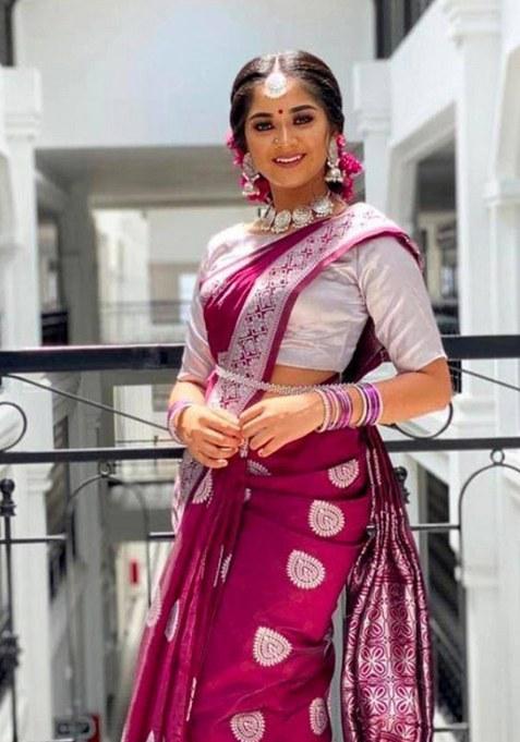 Wine Jacquard Silk Saree Set