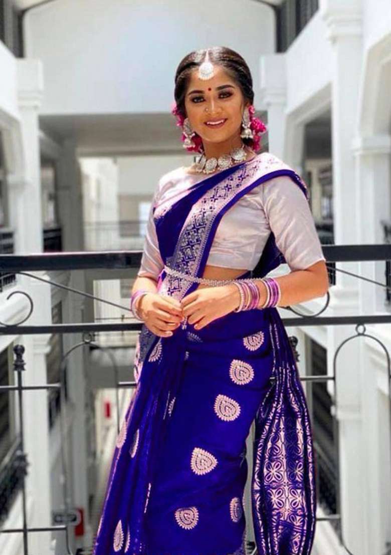 Blue Jacquard Silk Blend Saree Set for Diwali | Wedding & Festive Wear - Indya