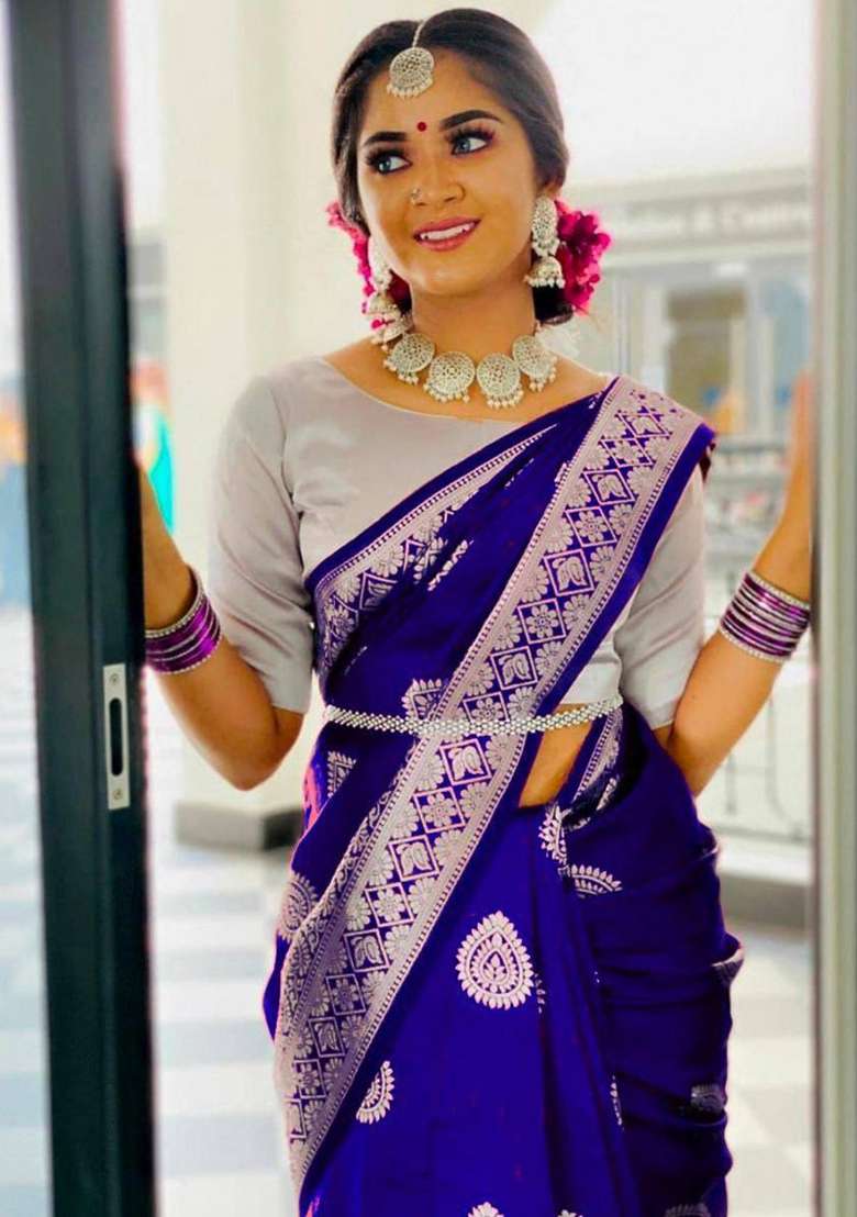 Blue Jacquard Silk Blend Saree Set for Diwali | Wedding & Festive Wear - Indya