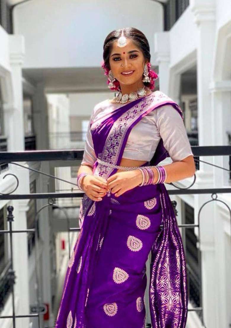 Purple Jacquard Silk Blend Saree Set for Diwali | Wedding & Festive Wear - Indya