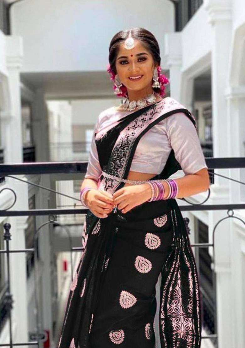 Black Jacquard Silk Saree Set