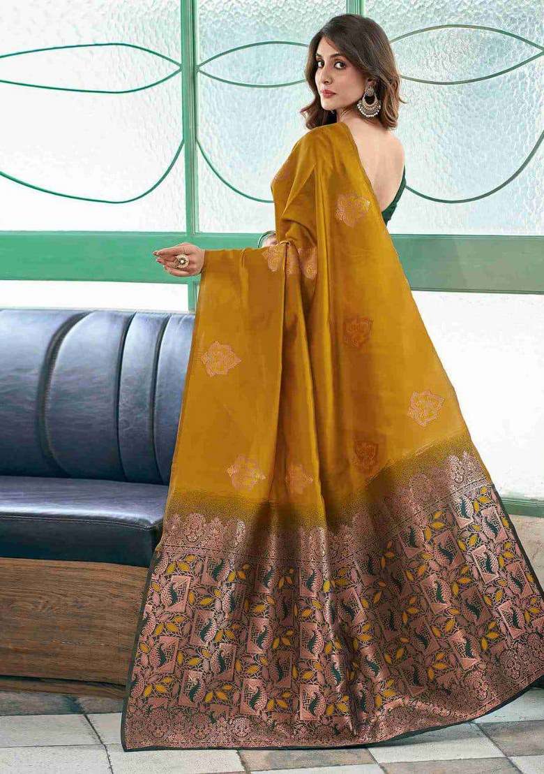 Mustard Yellow Jacquard Silk Blend Saree Set for Diwali and Festive Wear - Indya