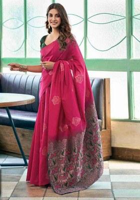 Pink Jacquard Silk Saree Set