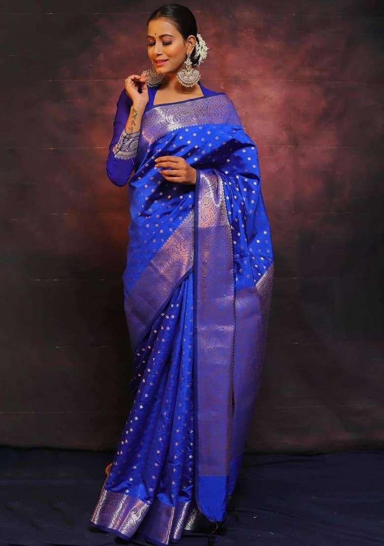 Blue Jacquard Silk Blend Saree Set for Diwali and Festive Wear - Indya