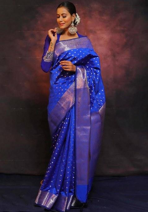 Blue Jacquard Silk Saree Set