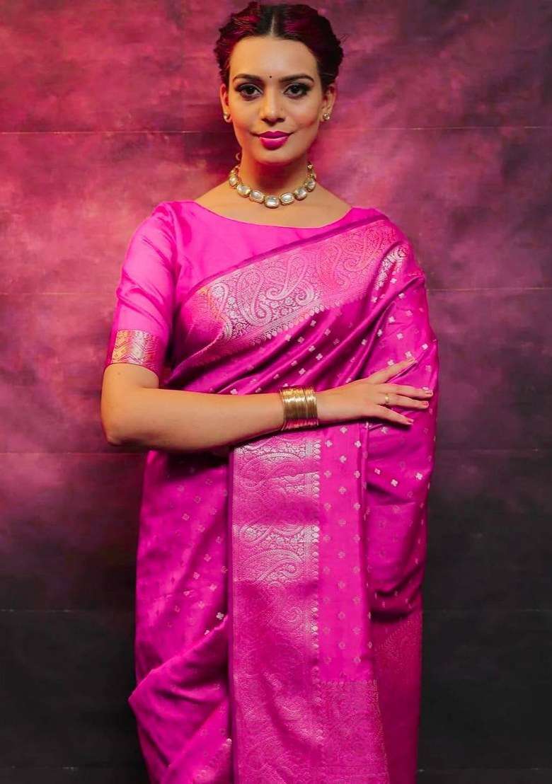 Pink Jacquard Silk Blend Saree Set for Diwali | Wedding & Festive Wear - Indya