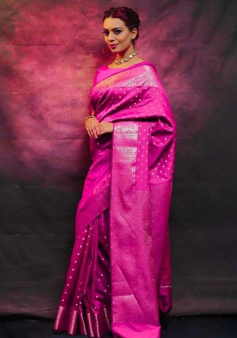 Pink Jacquard Silk Saree Set