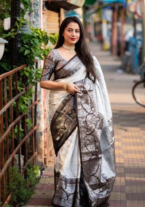 White Jacquard Silk Saree Set