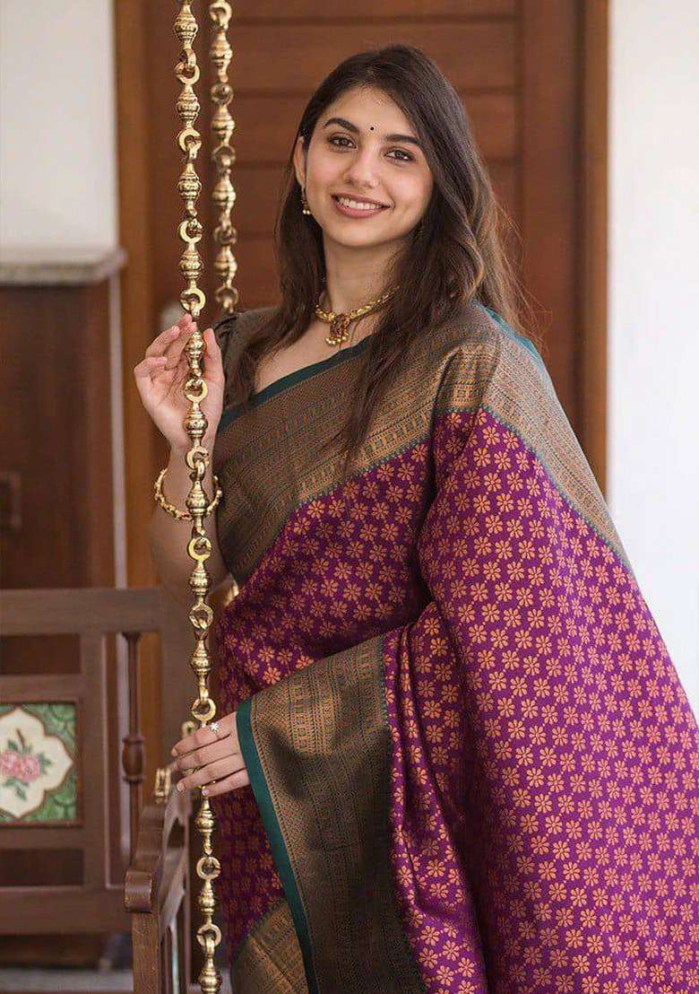 Purple Jacquard Silk Blend Saree Set for Diwali | Wedding & Festive Wear - Indya