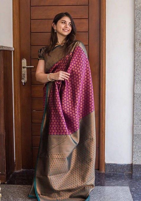 Purple Jacquard Silk Saree Set