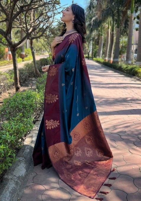 Petrol Blue Jacquard Silk Saree Set