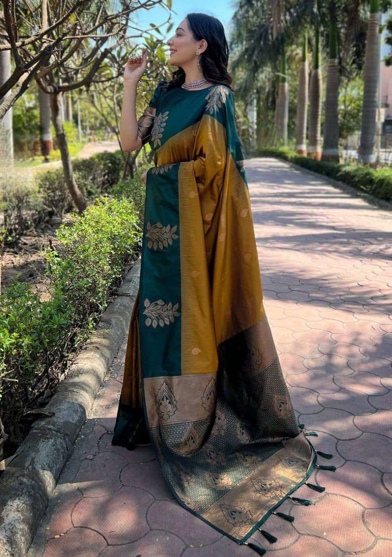 Mustard Yellow Jacquard Silk Blend Saree Set for Diwali | Wedding & Festive Wear - Indya