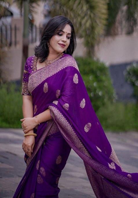 Purple Jacquard Silk Saree Set