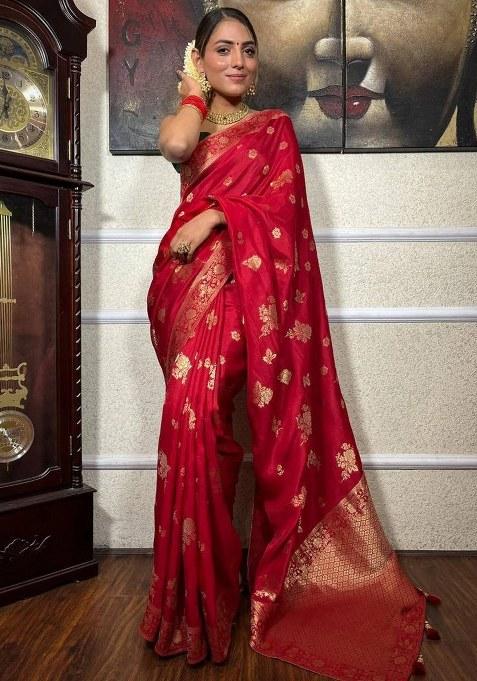 Red Jacquard Silk Saree Set