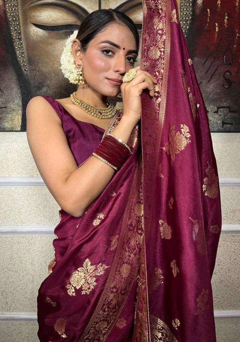 Wine Jacquard Silk Blend Saree Set for Diwali | Wedding & Festive Wear - Indya