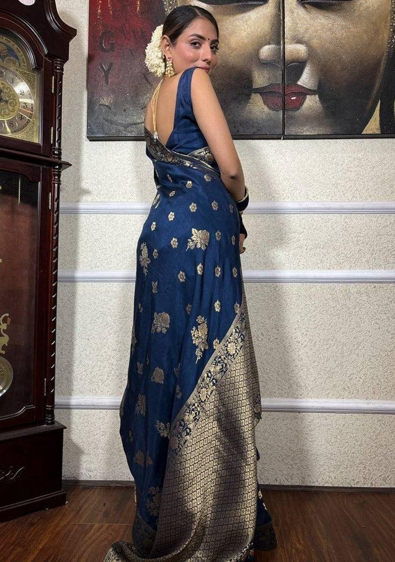 Petrol Blue Jacquard Silk Saree Set