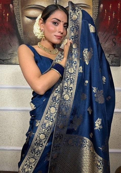 Petrol Blue Jacquard Silk Saree Set