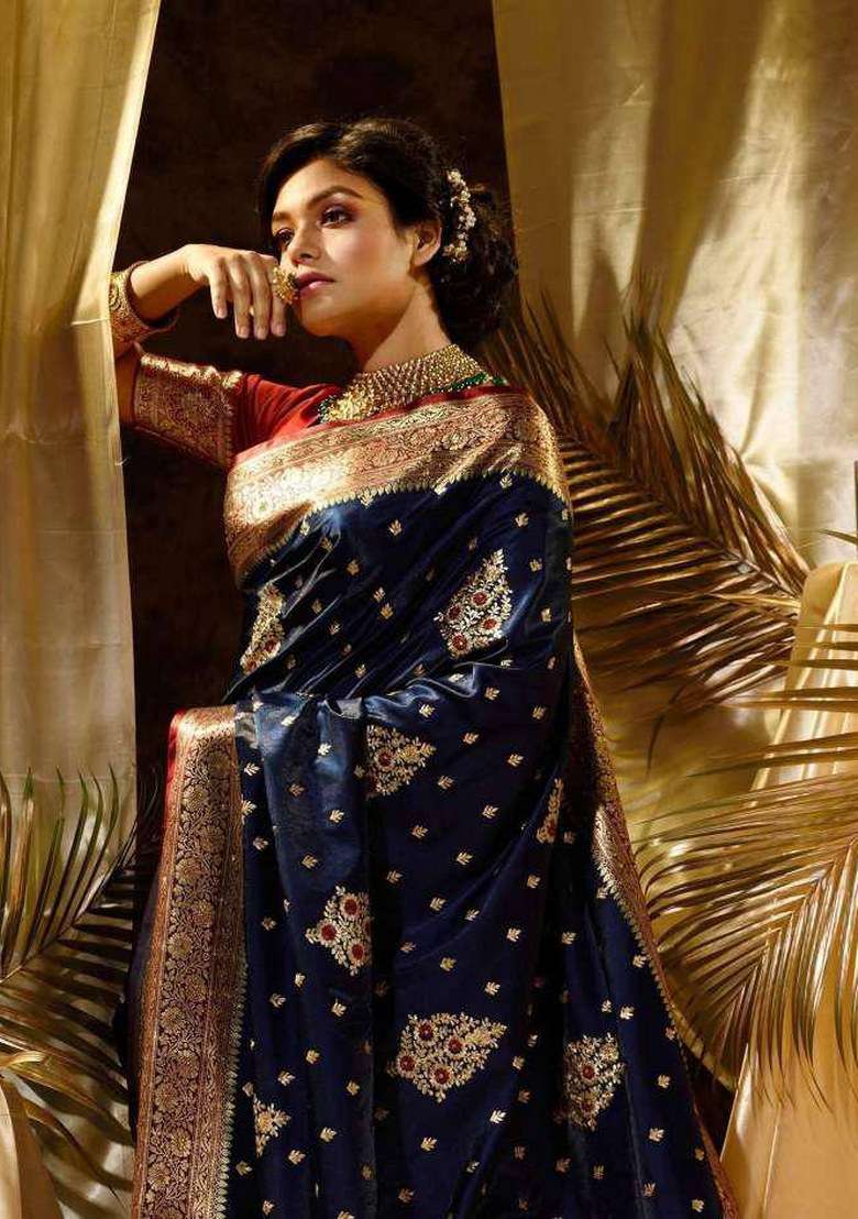 Blue Jacquard Silk Blend Saree Set for Diwali and Festive Wear - Indya